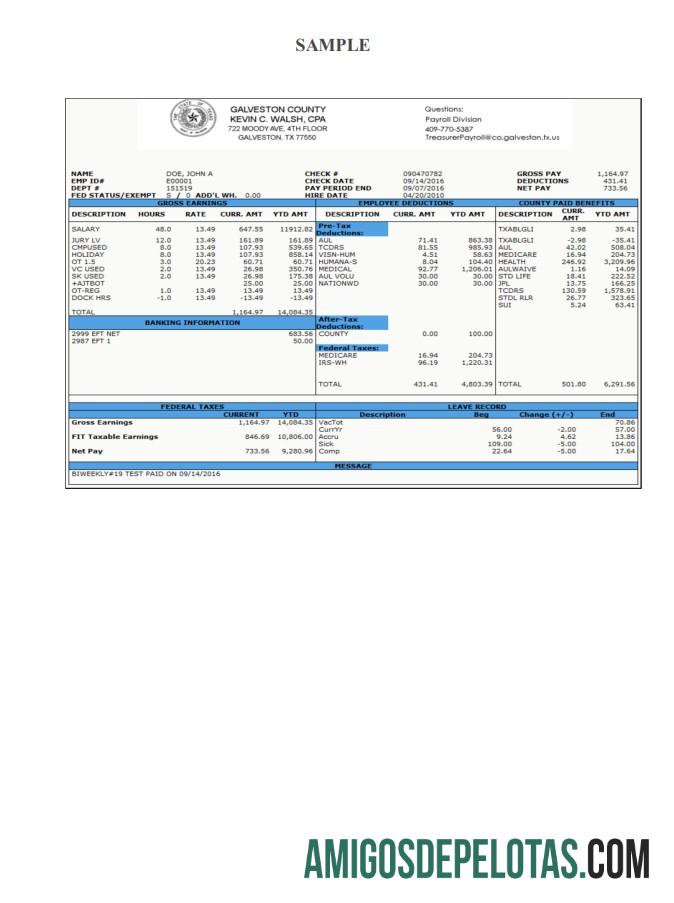 Esboço de cheque de folha de pagamento do condado de Galveston exemplo real